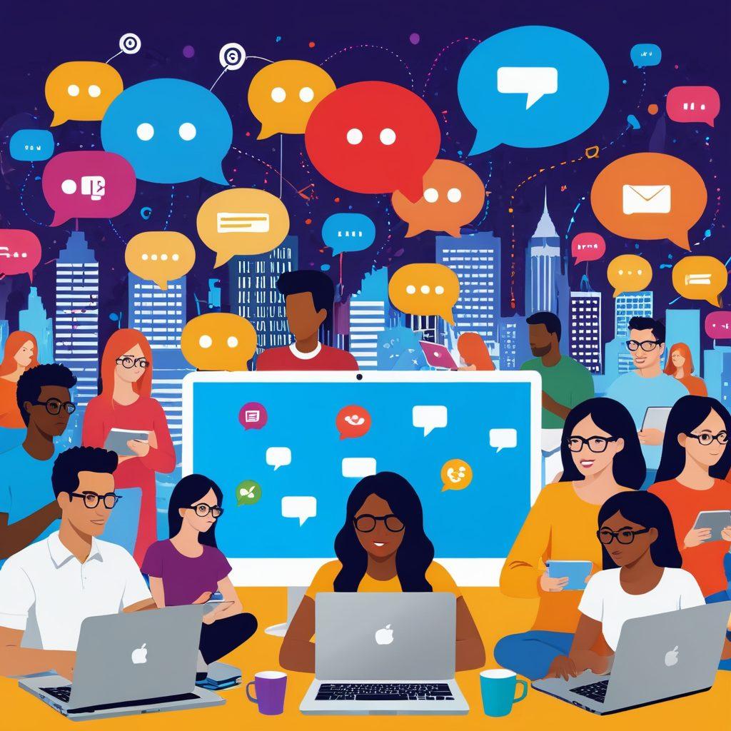 A dynamic illustration of a diverse group of bloggers passionately discussing ideas over laptops and smartphones, surrounded by vibrant symbols of internet culture like hashtags, emojis, and speech bubbles. The background features a digital cityscape representing the online world, where voices come together and engage. Bright colors and a lively atmosphere add energy to the scene. super-realistic. vibrant colors. 3D.