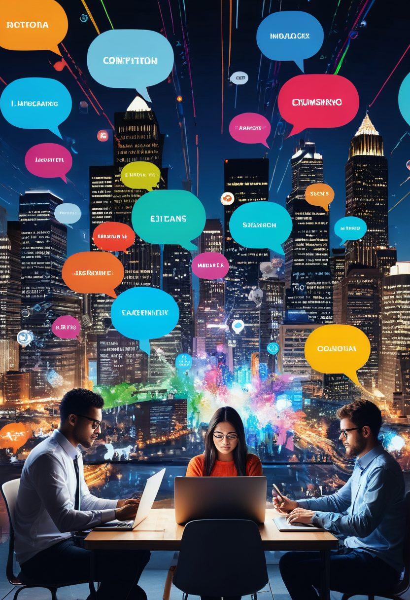 A dynamic collage of a diverse group of people passionately typing on laptops, surrounded by floating speech bubbles filled with words and symbols representing ideas, creativity, and digital communication. The background features a vibrant city skyline merging with digital elements like code and data streams. Super-realistic. Vibrant colors. 3D effect.