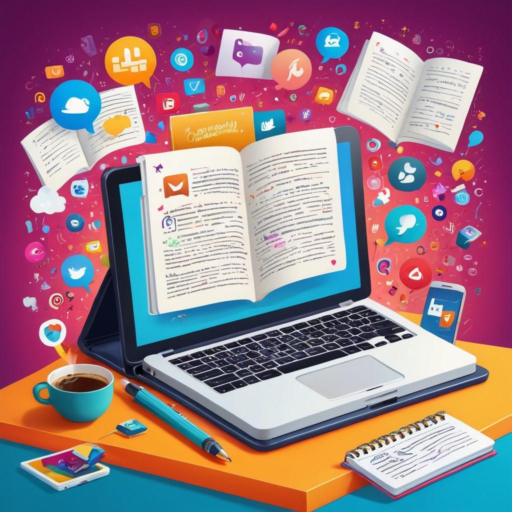 A whimsical illustration of an open diary transforming into a digital screen, with flowing words and ideas emerging from the pages and merging with icons of social media and blogging platforms. Surrounding the scene, a blend of vibrant colors depicting creativity and communication, including elements like pens, keyboards, and chat bubbles. The background shows a cozy workspace environment. cartoon style. vibrant colors.